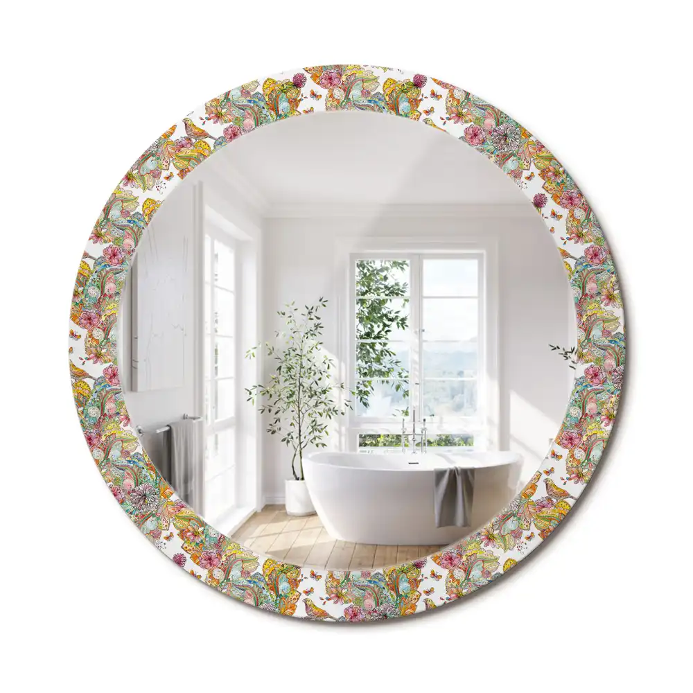 Miroir rond cadre avec impression fleurs féeriques