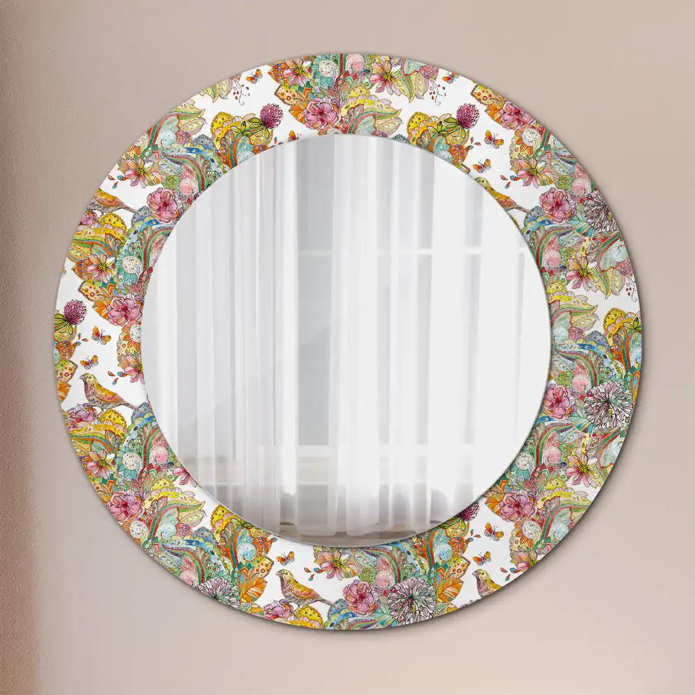 Miroir rond cadre avec impression fleurs féeriques