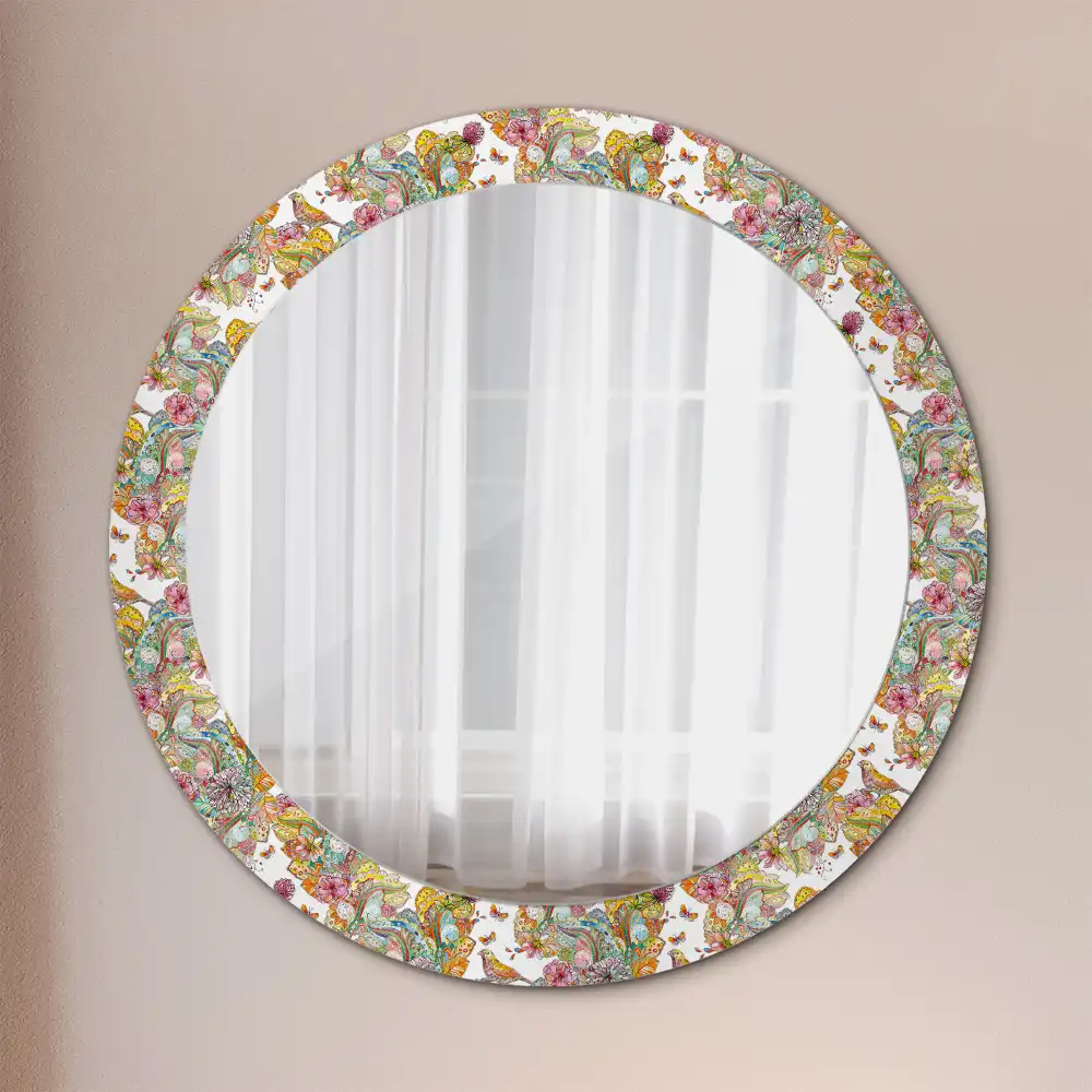 Miroir rond cadre avec impression fleurs féeriques