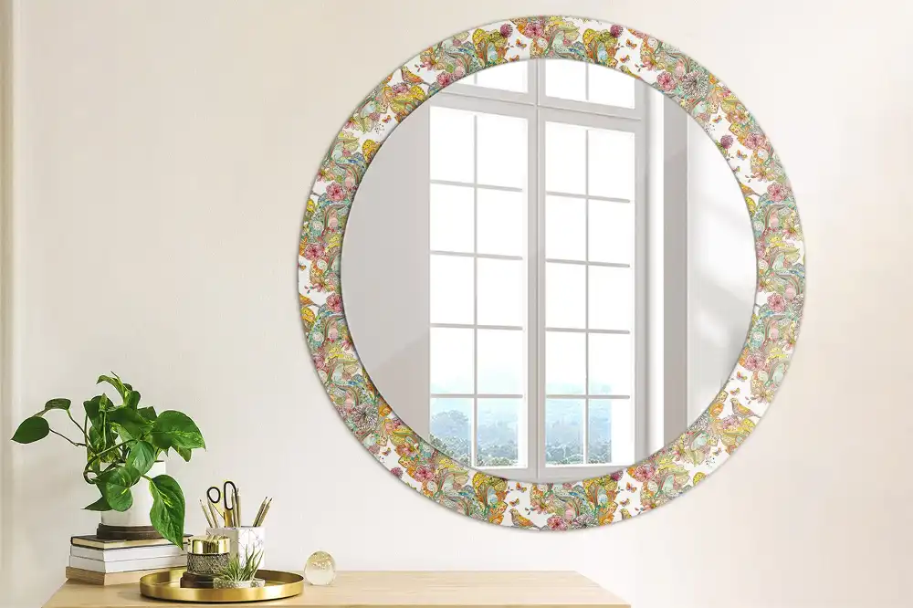 Miroir rond cadre avec impression fleurs féeriques