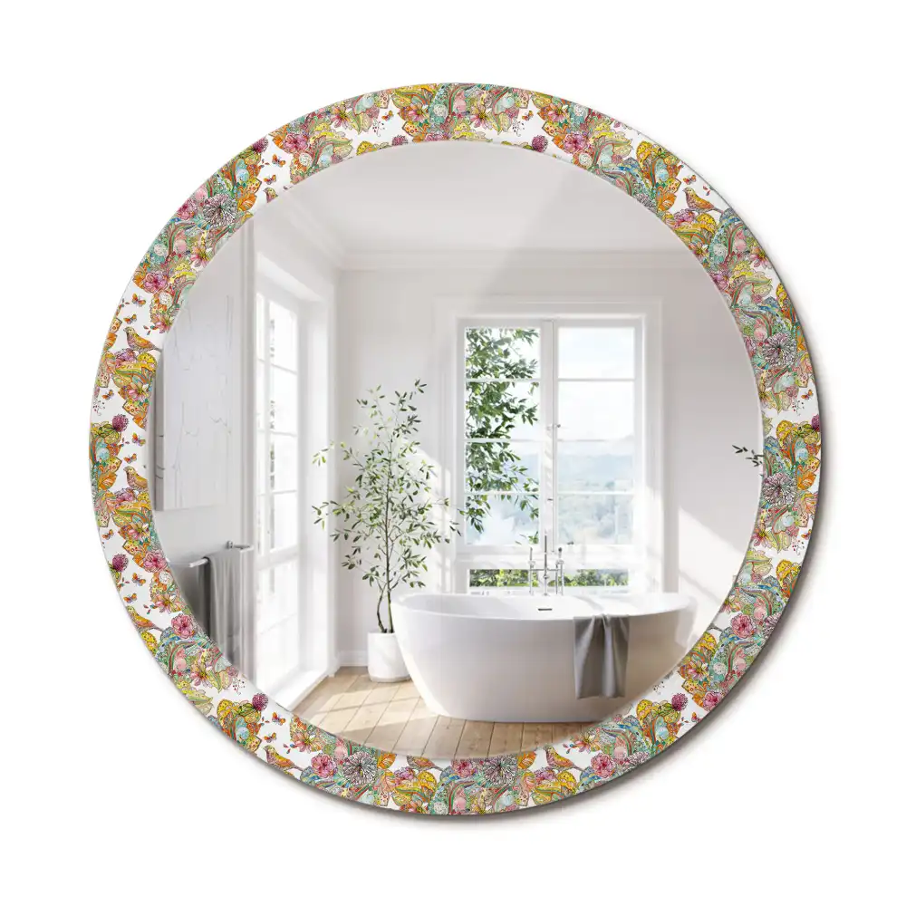 Miroir rond cadre avec impression fleurs féeriques