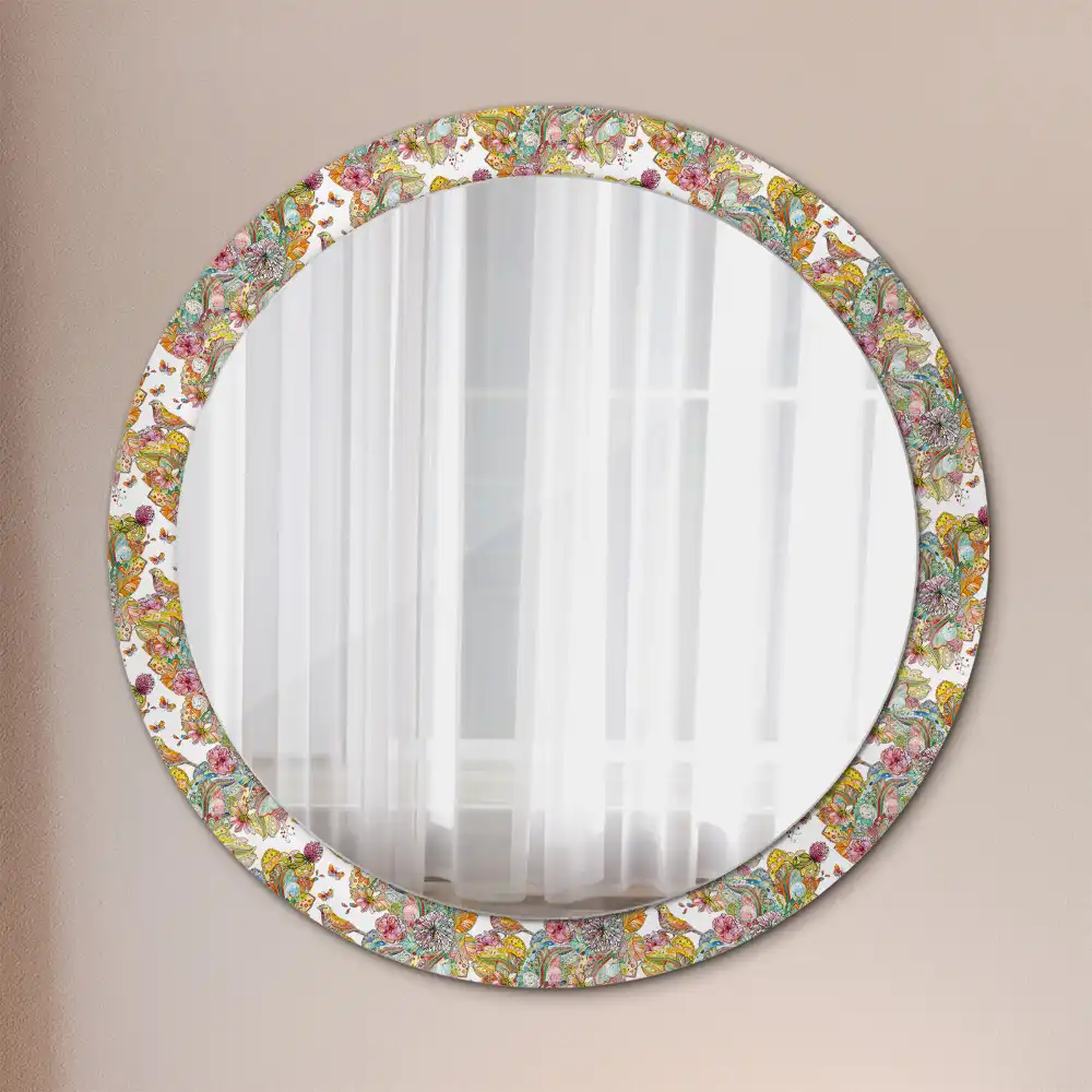 Miroir rond cadre avec impression fleurs féeriques