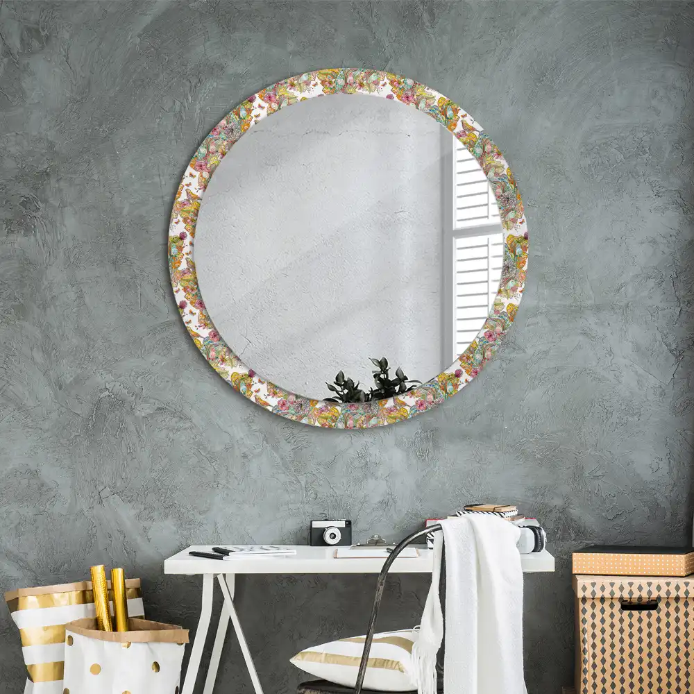 Miroir rond cadre avec impression fleurs féeriques
