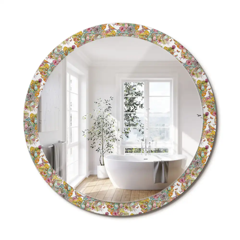 Miroir rond cadre avec impression fleurs féeriques