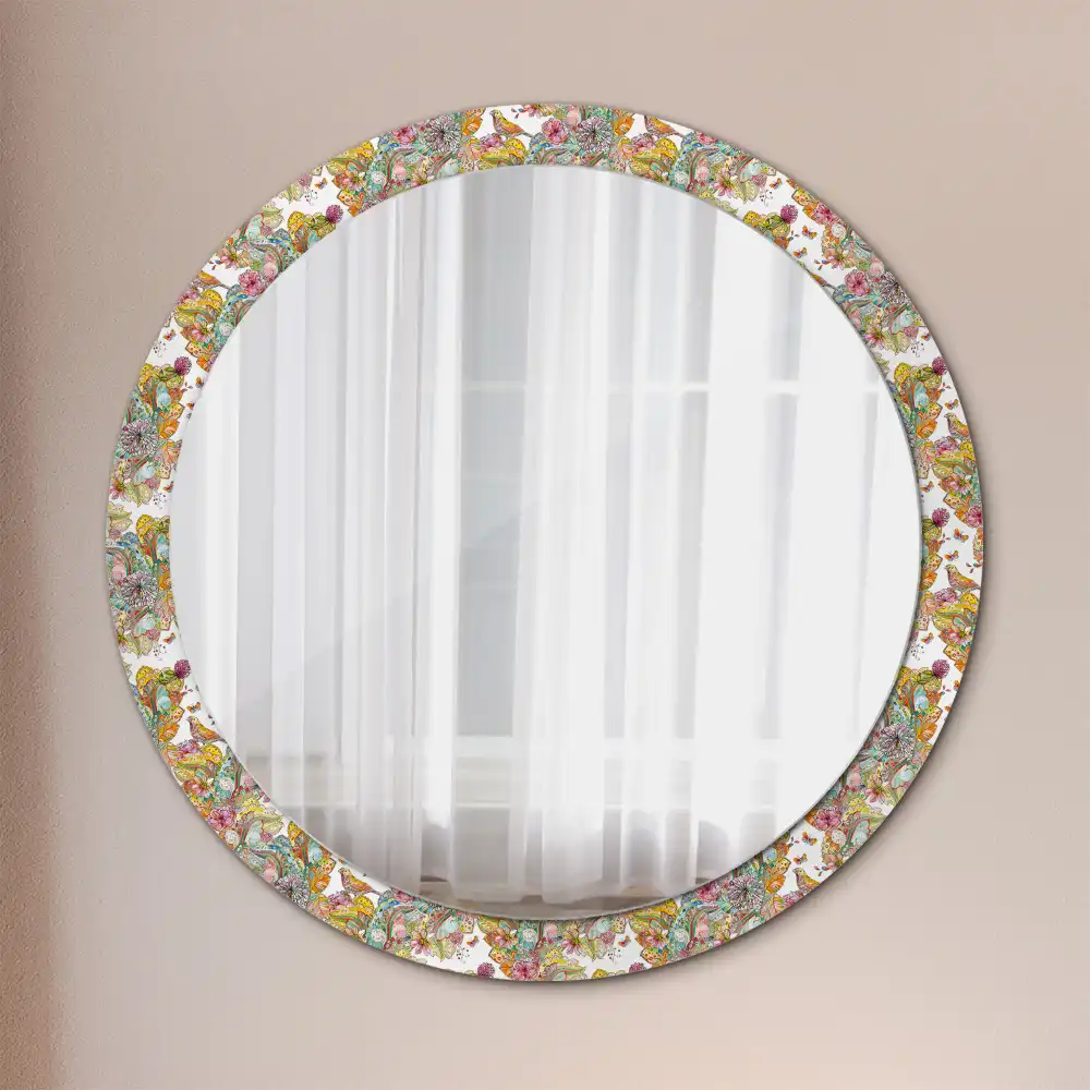 Miroir rond cadre avec impression fleurs féeriques