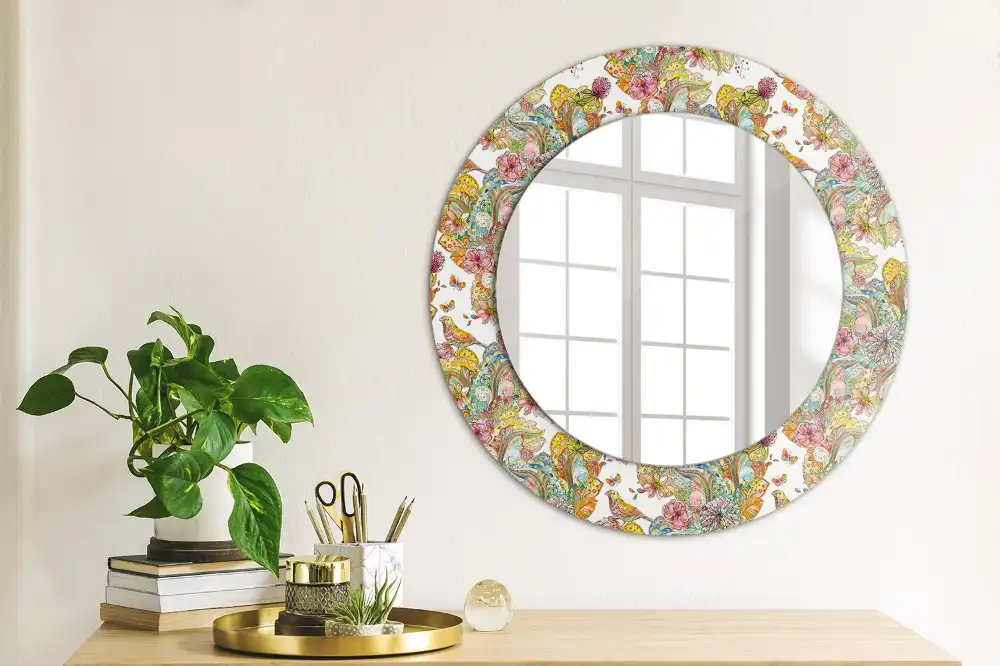 Miroir rond cadre avec impression fleurs féeriques