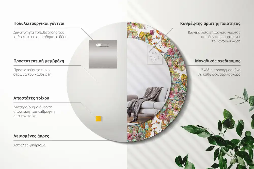 Miroir rond cadre avec impression fleurs féeriques