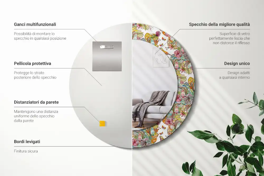 Miroir rond cadre avec impression fleurs féeriques