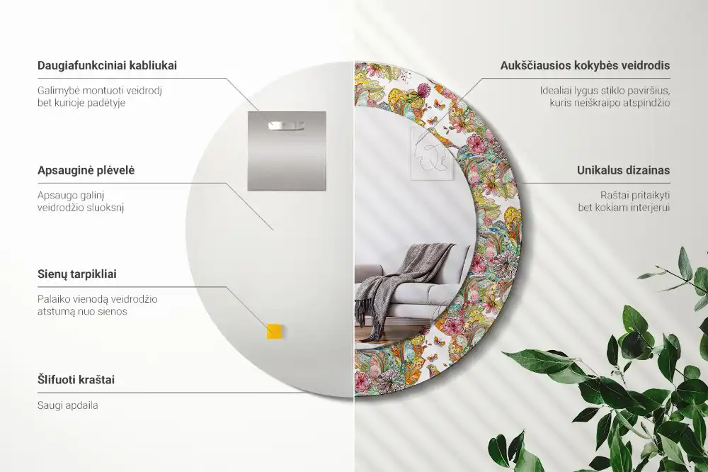 Miroir rond cadre avec impression fleurs féeriques