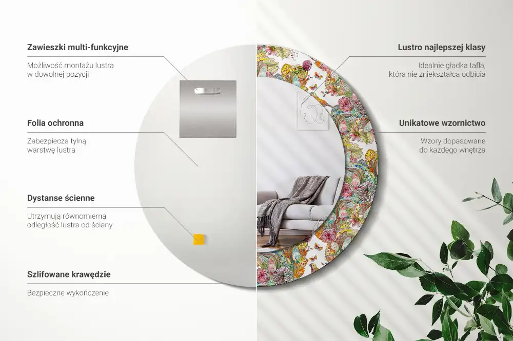 Miroir rond cadre avec impression fleurs féeriques