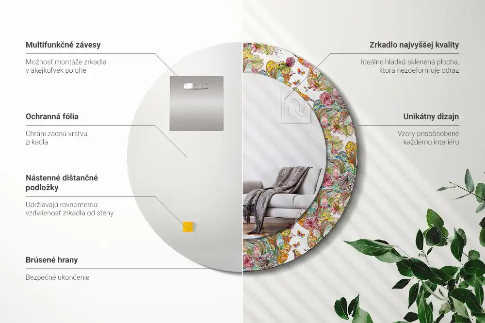 Miroir rond cadre avec impression fleurs féeriques