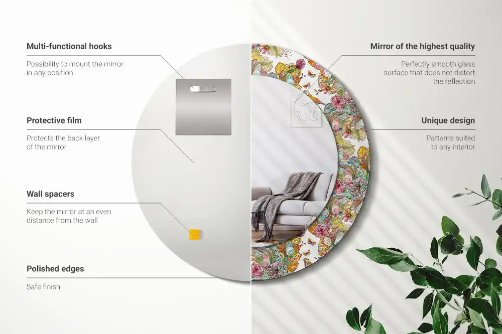 Miroir rond cadre avec impression fleurs féeriques