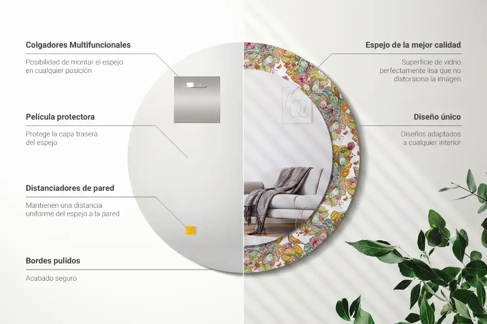Miroir rond cadre avec impression fleurs féeriques