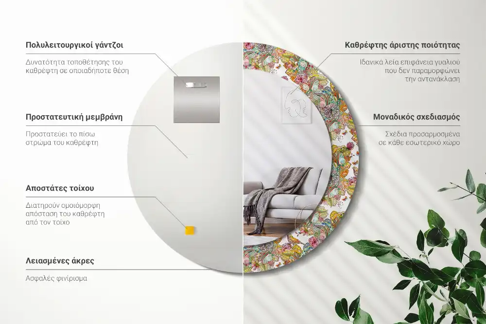 Miroir rond cadre avec impression fleurs féeriques