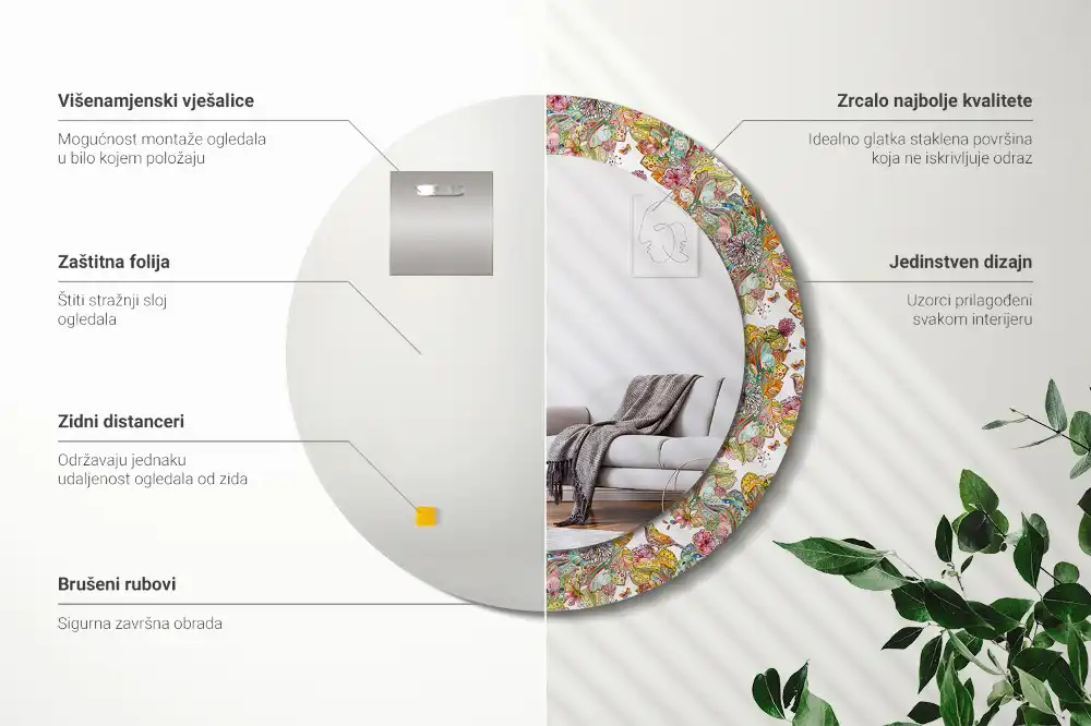 Miroir rond cadre avec impression fleurs féeriques