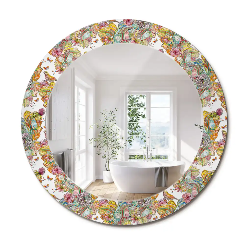 Miroir rond cadre avec impression fleurs féeriques