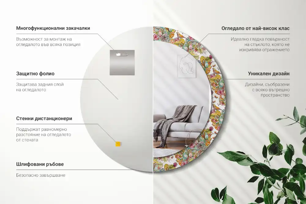 Miroir rond cadre avec impression fleurs féeriques