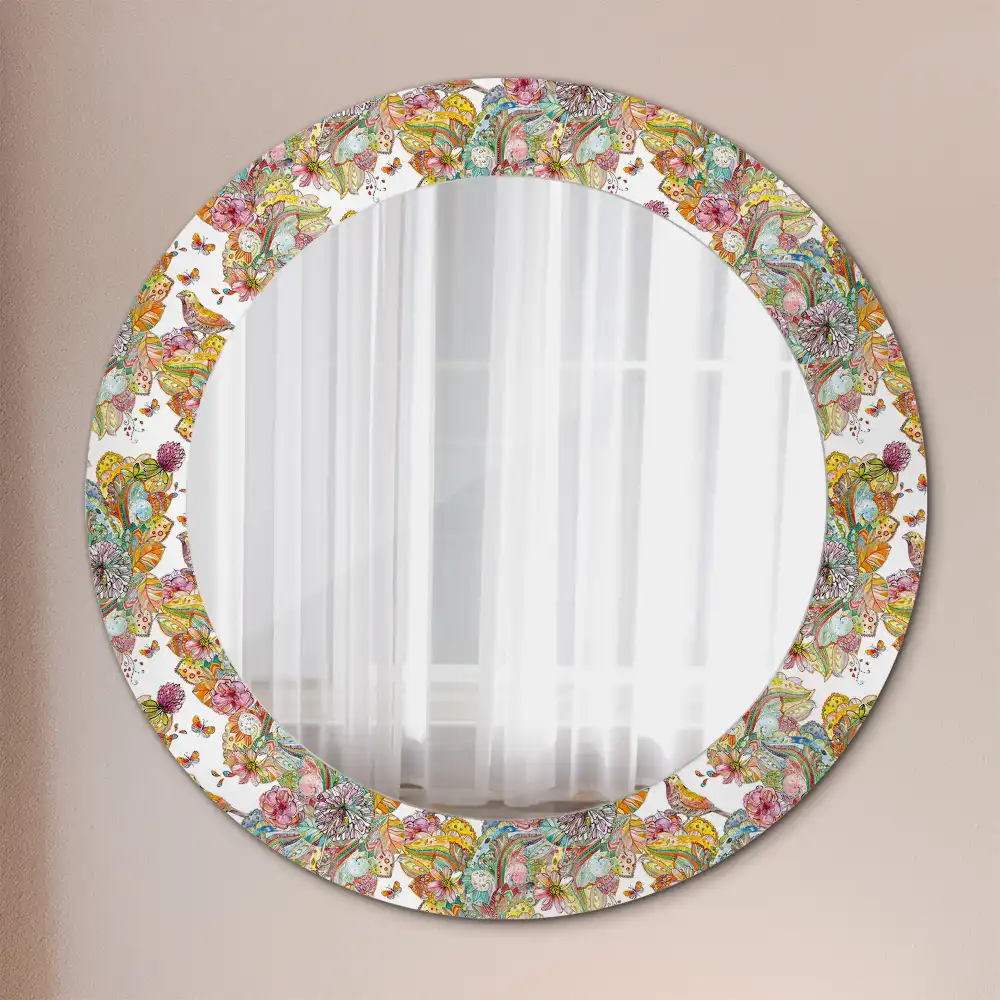 Miroir rond cadre avec impression fleurs féeriques