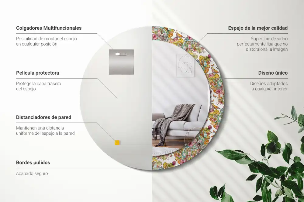 Miroir rond cadre avec impression fleurs féeriques