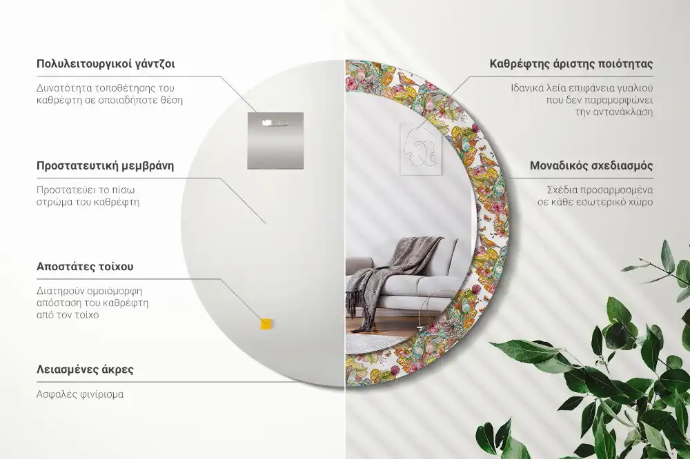 Miroir rond cadre avec impression fleurs féeriques