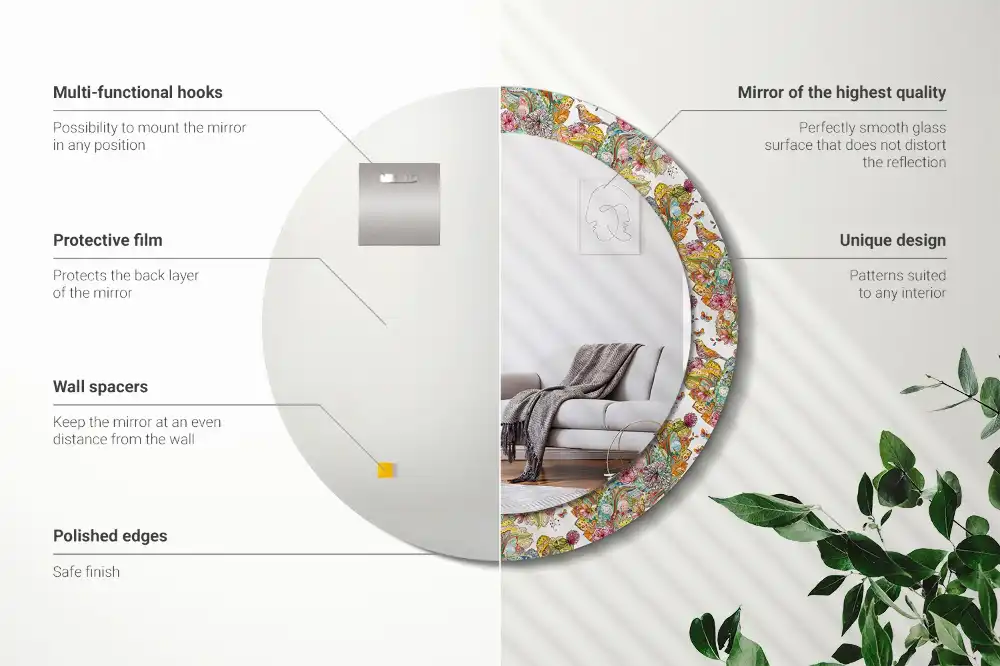 Miroir rond cadre avec impression fleurs féeriques