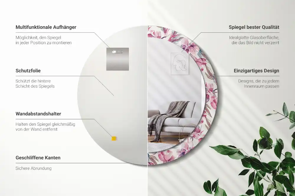Miroir rond imprimé fleurs de pivoines