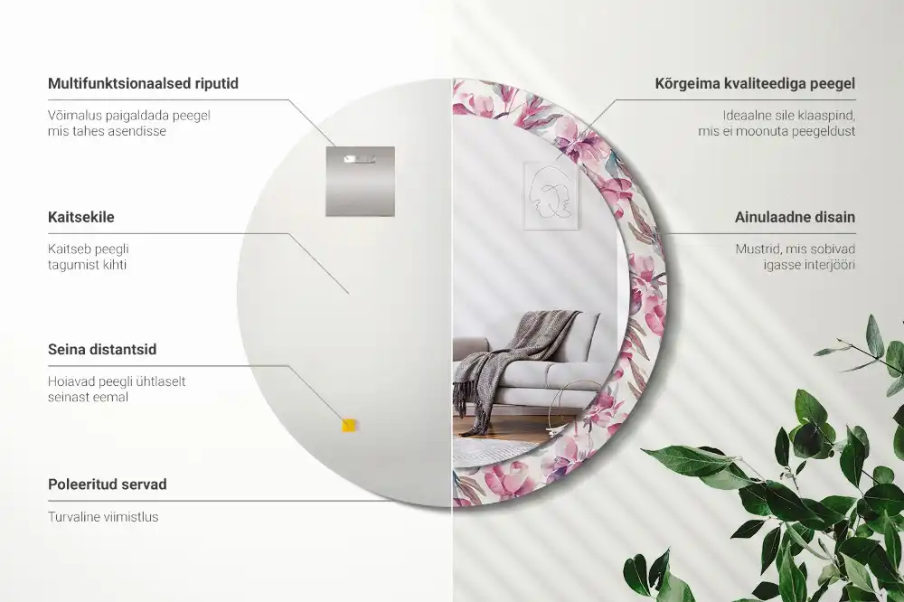 Miroir rond imprimé fleurs de pivoines