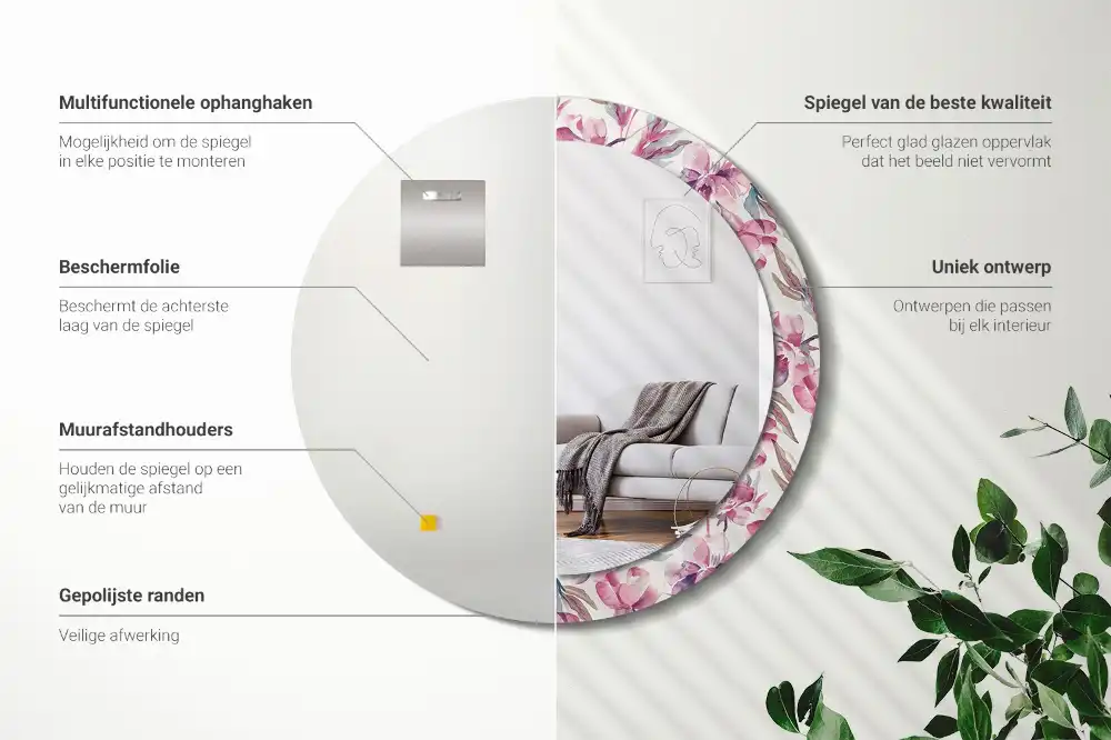 Miroir rond imprimé fleurs de pivoines