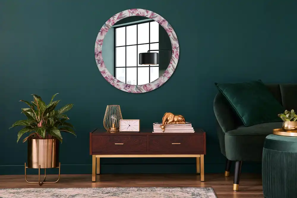 Miroir rond imprimé fleurs de pivoines