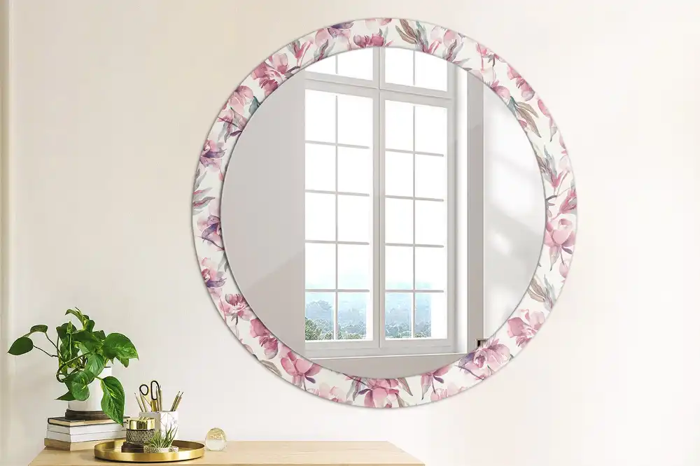 Miroir rond imprimé fleurs de pivoines