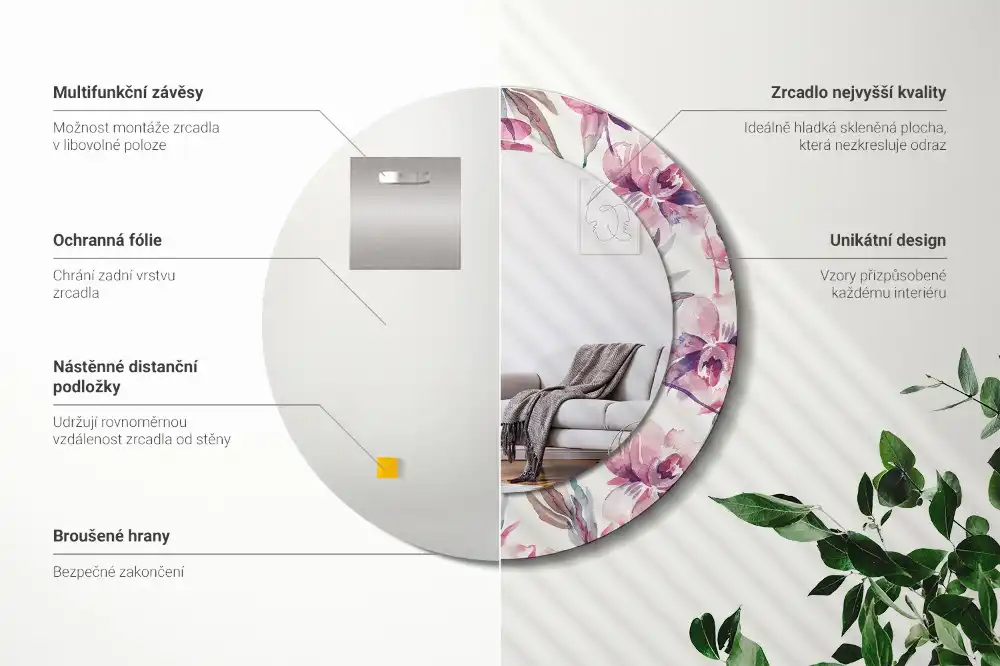 Miroir rond imprimé fleurs de pivoines