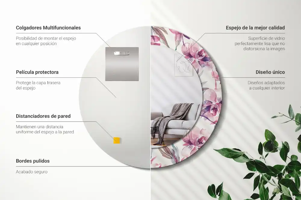Miroir rond imprimé fleurs de pivoines