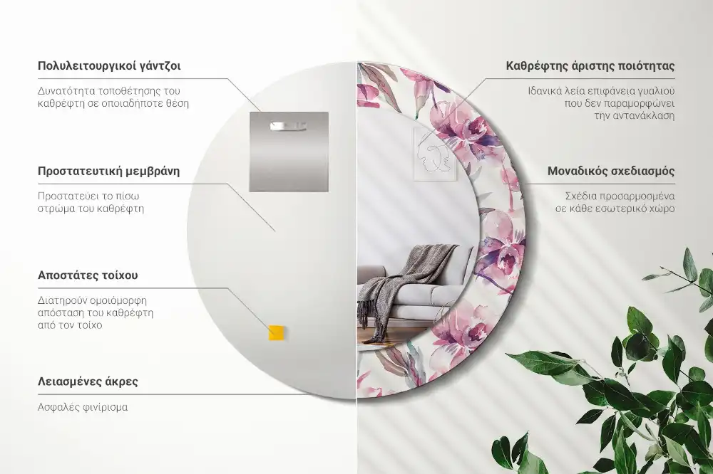 Miroir rond imprimé fleurs de pivoines
