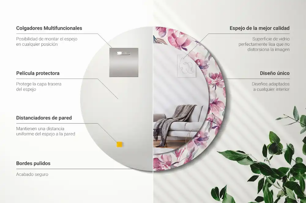 Miroir rond imprimé fleurs de pivoines