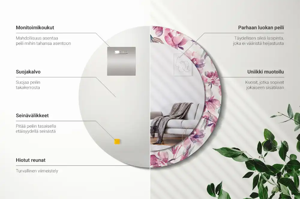 Miroir rond imprimé fleurs de pivoines
