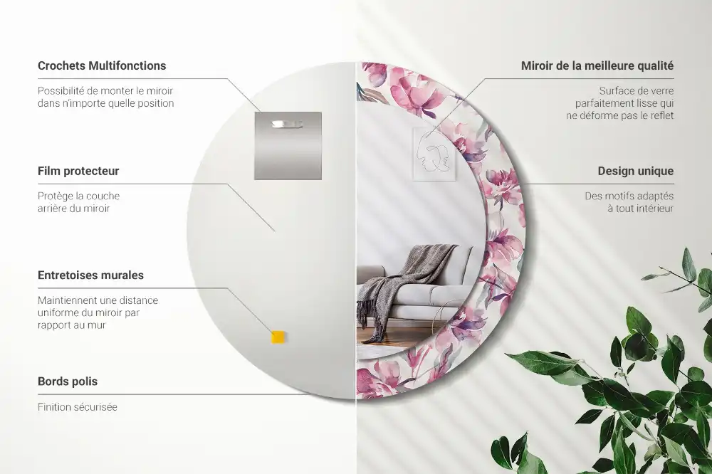 Miroir rond imprimé fleurs de pivoines
