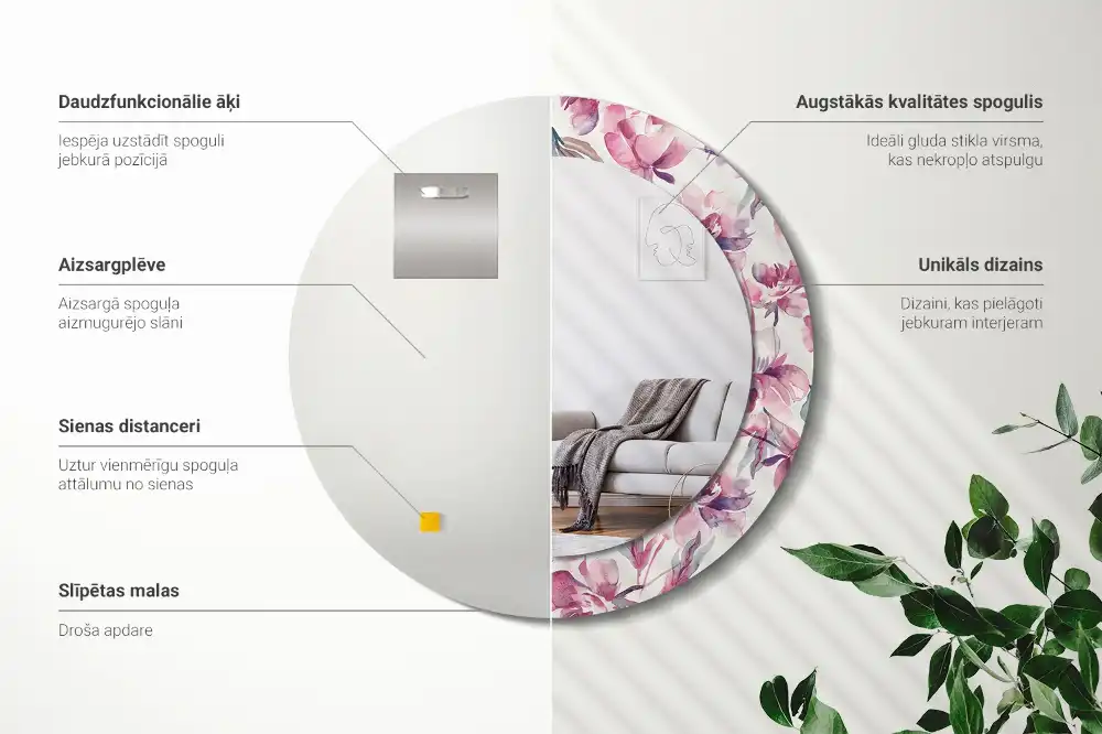 Miroir rond imprimé fleurs de pivoines