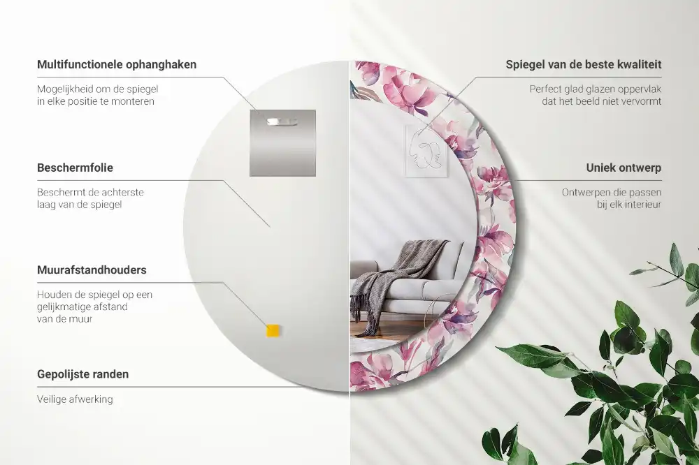 Miroir rond imprimé fleurs de pivoines
