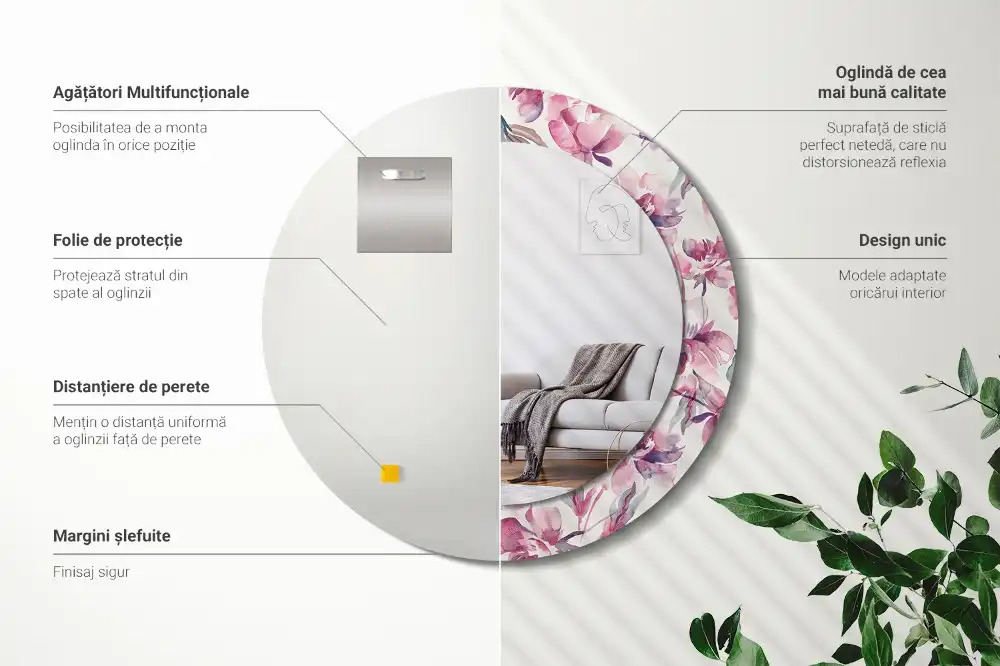Miroir rond imprimé fleurs de pivoines
