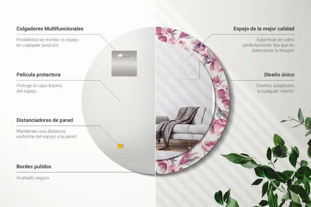 Miroir rond imprimé fleurs de pivoines