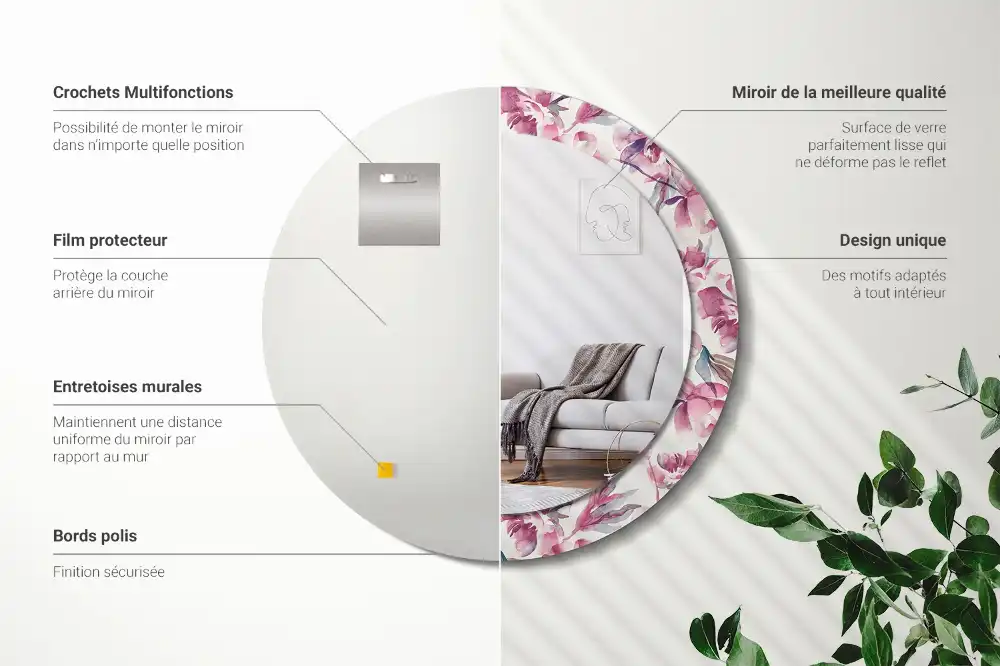 Miroir rond imprimé fleurs de pivoines
