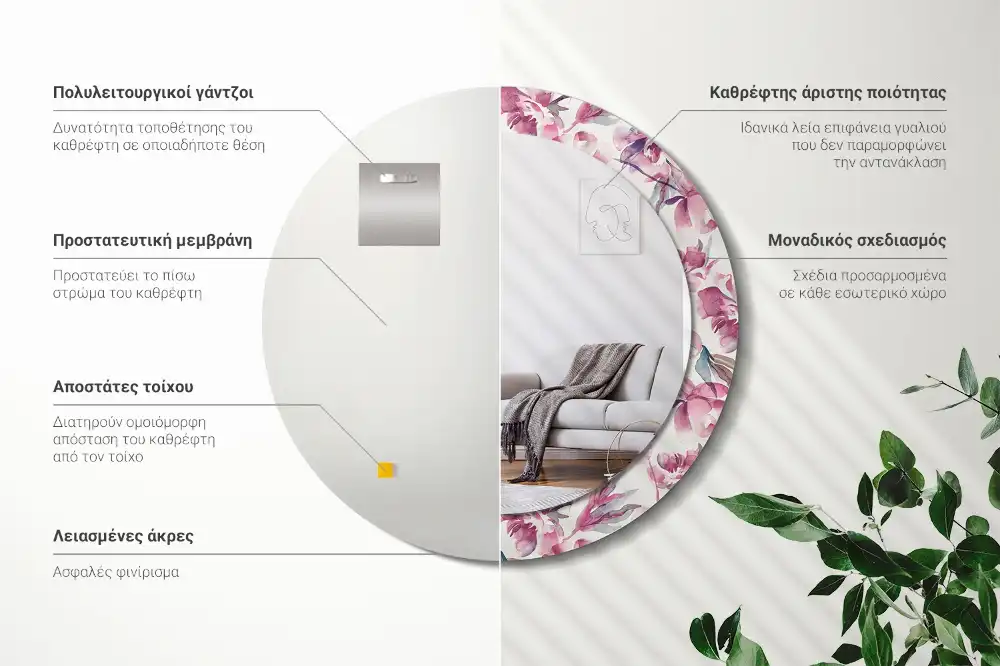 Miroir rond imprimé fleurs de pivoines