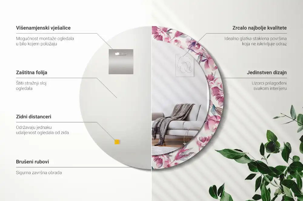 Miroir rond imprimé fleurs de pivoines