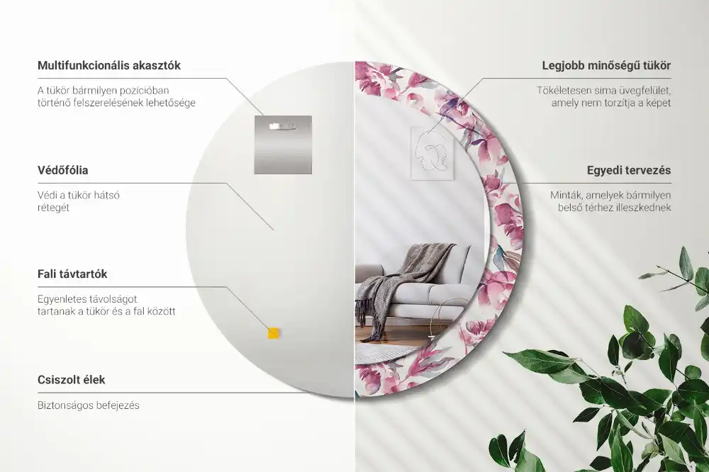 Miroir rond imprimé fleurs de pivoines
