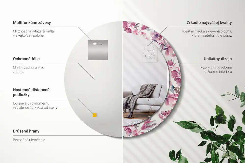 Miroir rond imprimé fleurs de pivoines