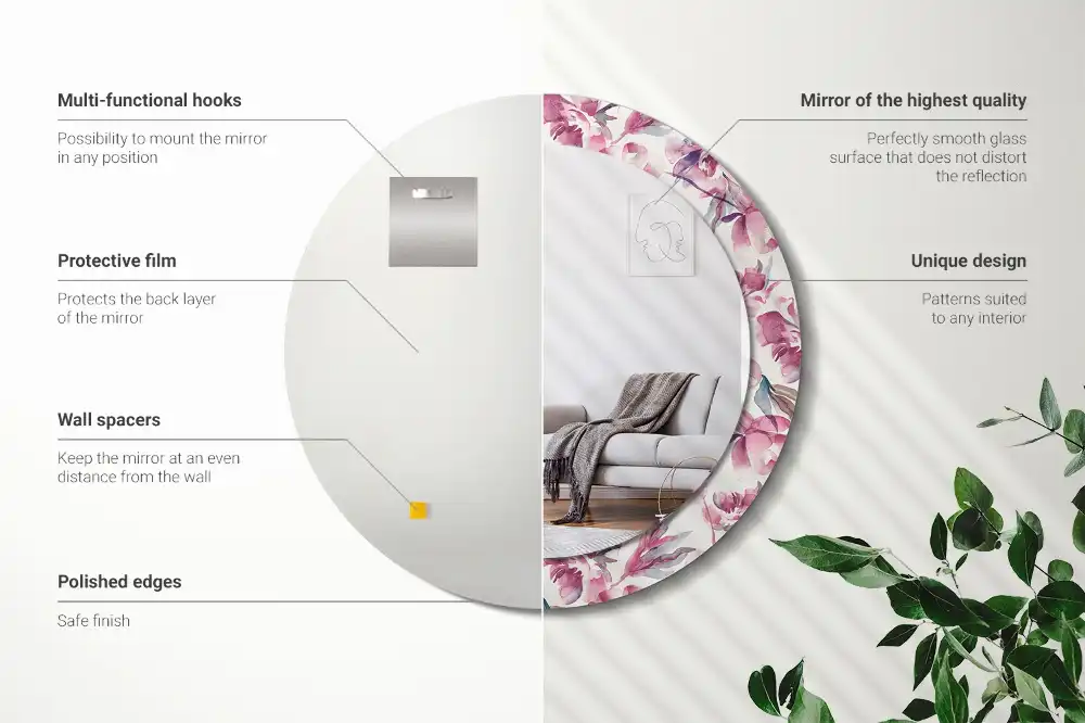 Miroir rond imprimé fleurs de pivoines
