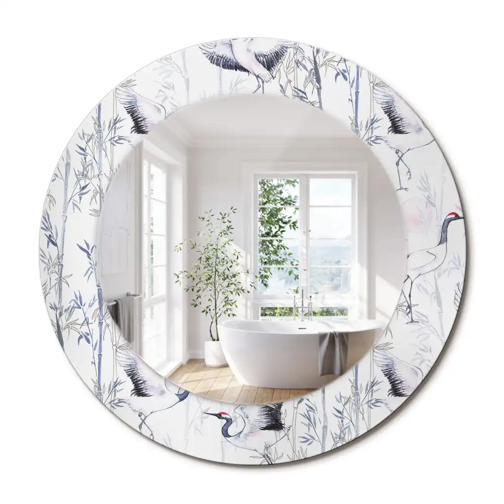 Miroir rond cadre avec impression grues