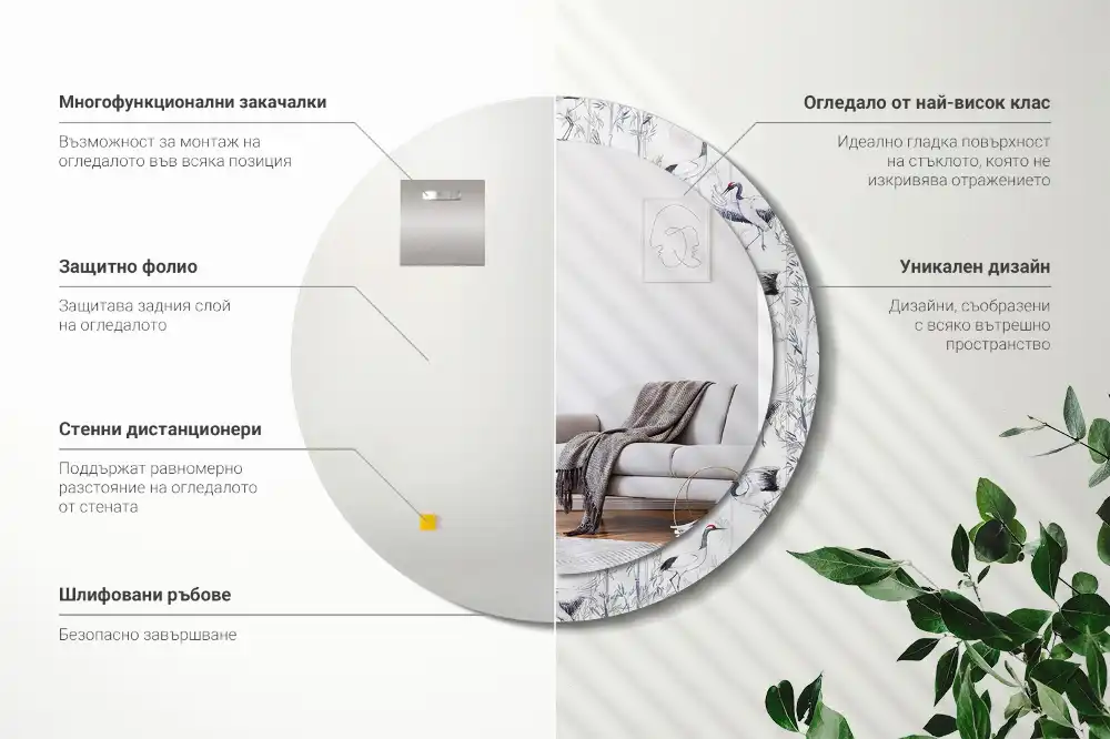 Miroir rond cadre avec impression grues