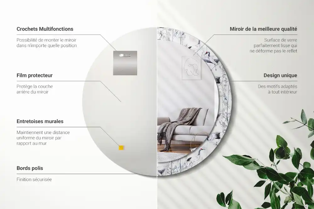 Miroir rond cadre avec impression grues