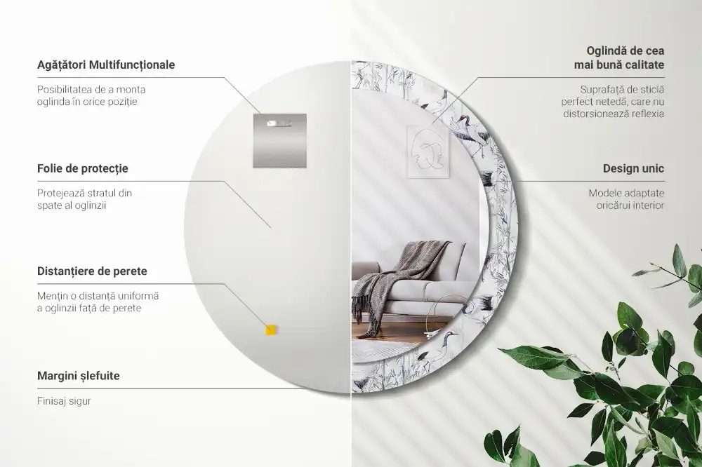 Miroir rond cadre avec impression grues